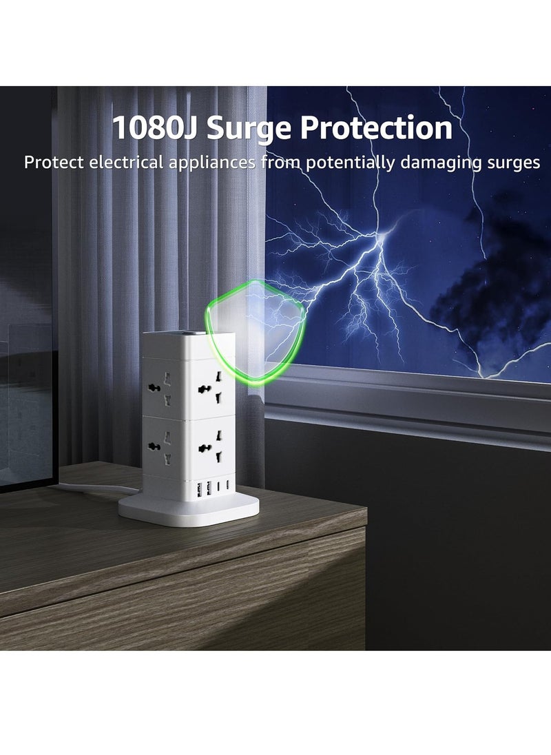 TYCOM Power Cord Strip Surge Protector with USB and Type C Extension Cord Flat Plug with 8 AC Outlet and 2 USB 1 Type C Small Desktop Station Compact Socket 2 Tiers Grey and White.  - Image 4