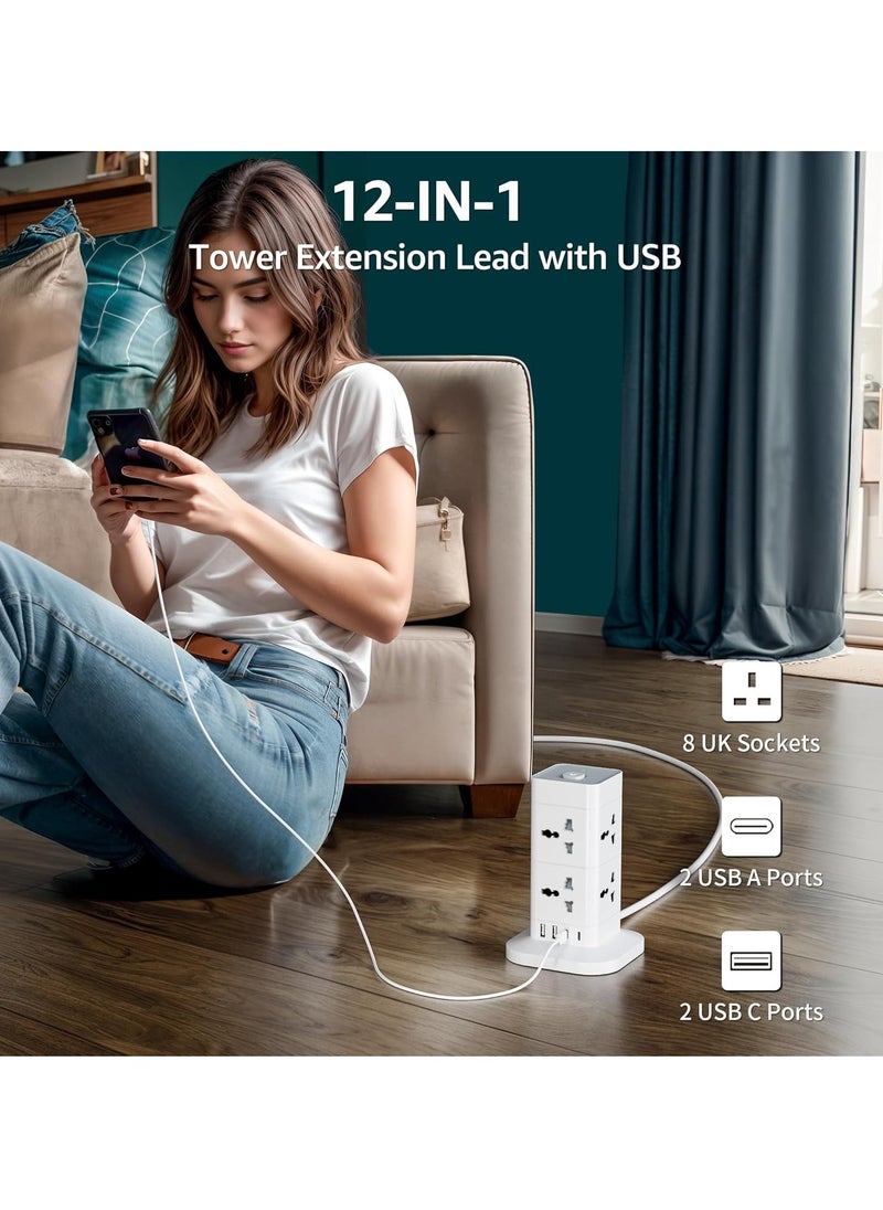 TYCOM Power Cord Strip Surge Protector with USB and Type C Extension Cord Flat Plug with 8 AC Outlet and 2 USB 1 Type C Small Desktop Station Compact Socket 2 Tiers Grey and White.  - Image 3