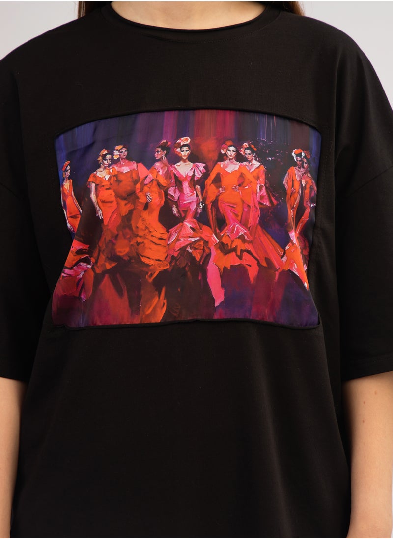 Artograph Women oversize premium cotton black T-shirt with artist unique painting Flamenco  - Image 4