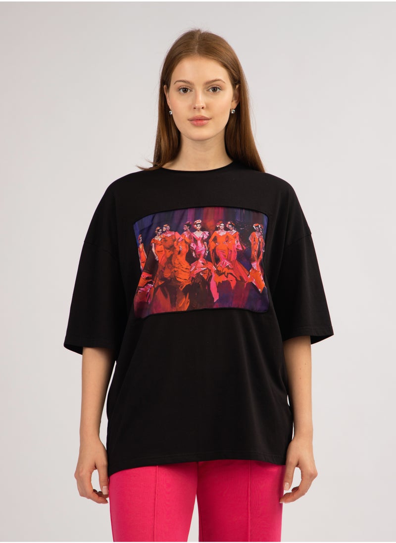 Artograph Women oversize premium cotton black T-shirt with artist unique painting Flamenco  - Image 1