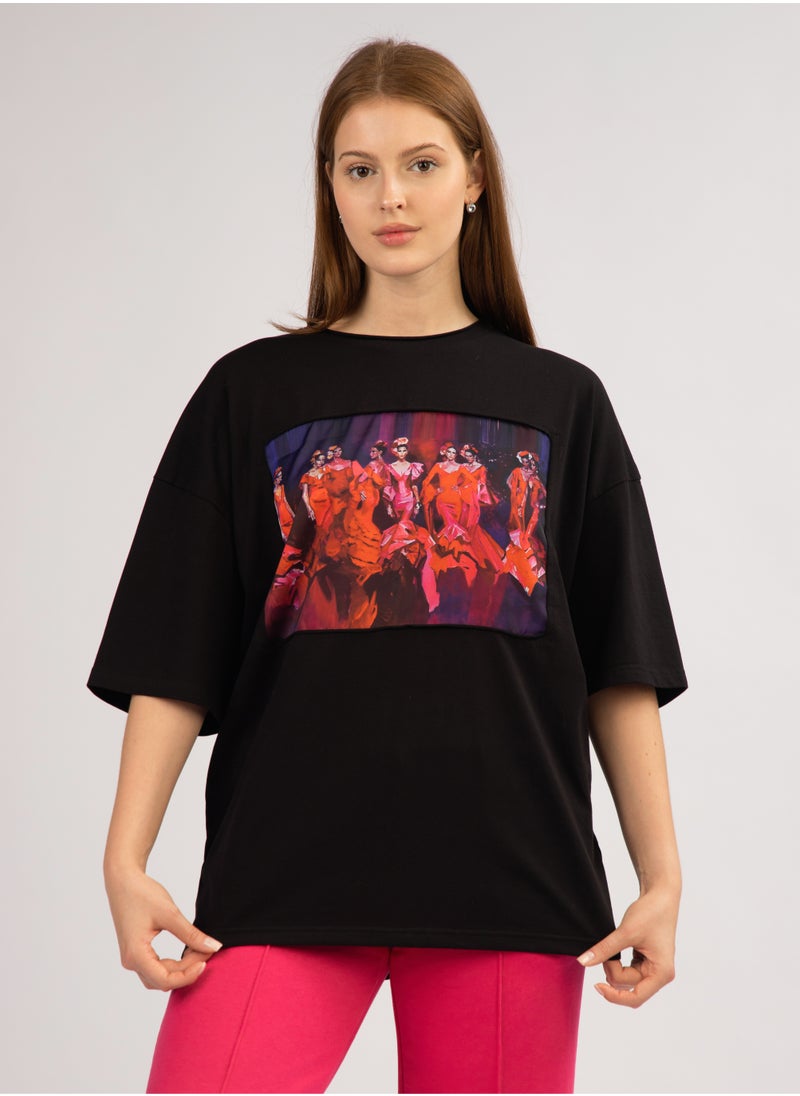 Artograph Women oversize premium cotton black T-shirt with artist unique painting Flamenco  - Image 2