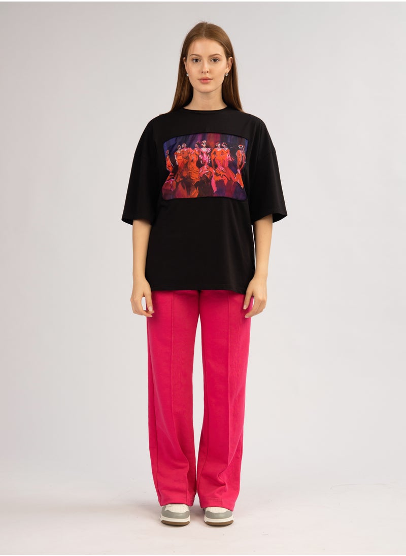 Artograph Women oversize premium cotton black T-shirt with artist unique painting Flamenco  - Image 3