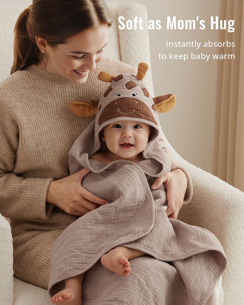 Blissful Diary Muslin Baby Hooded Towel, Soft and Absorbent Bath Towel for Newborn, Infant, Toddler, Unisex, 32â€³x32â€³ - Gentle Giraffe - Image 3