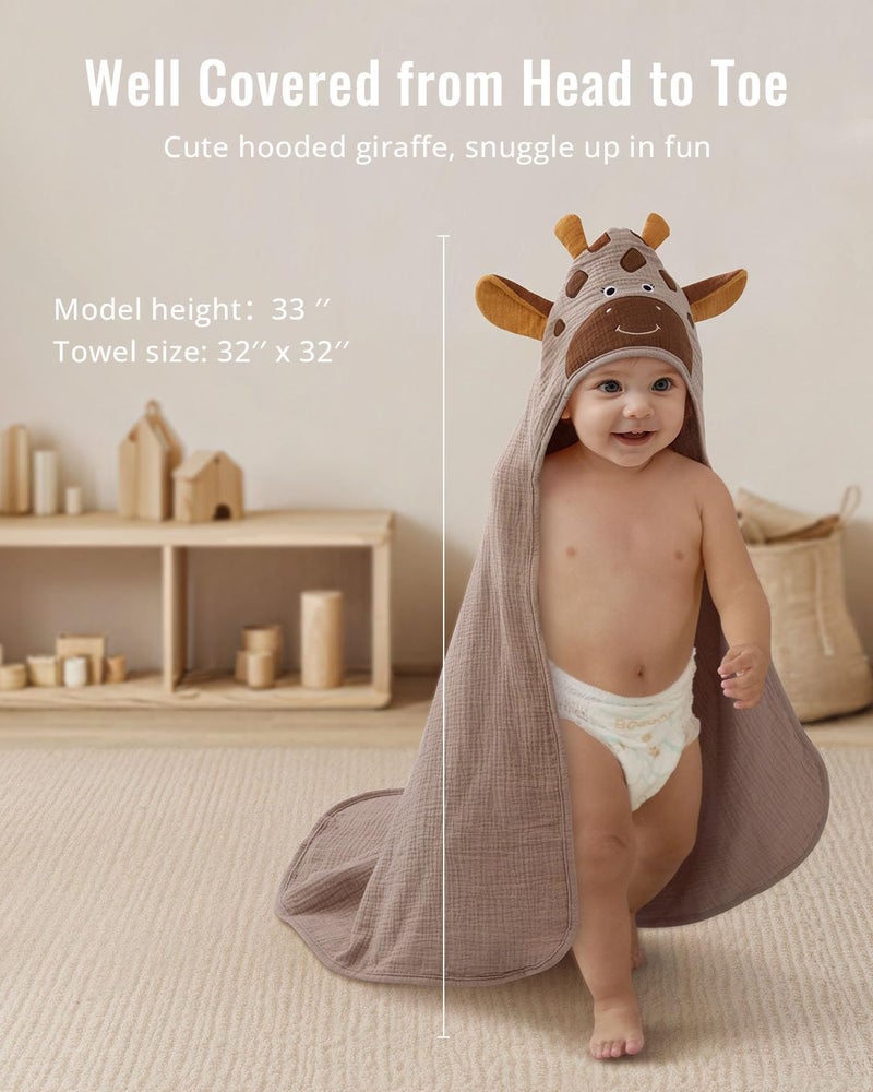 Blissful Diary Muslin Baby Hooded Towel, Soft and Absorbent Bath Towel for Newborn, Infant, Toddler, Unisex, 32â€³x32â€³ - Gentle Giraffe - Image 5