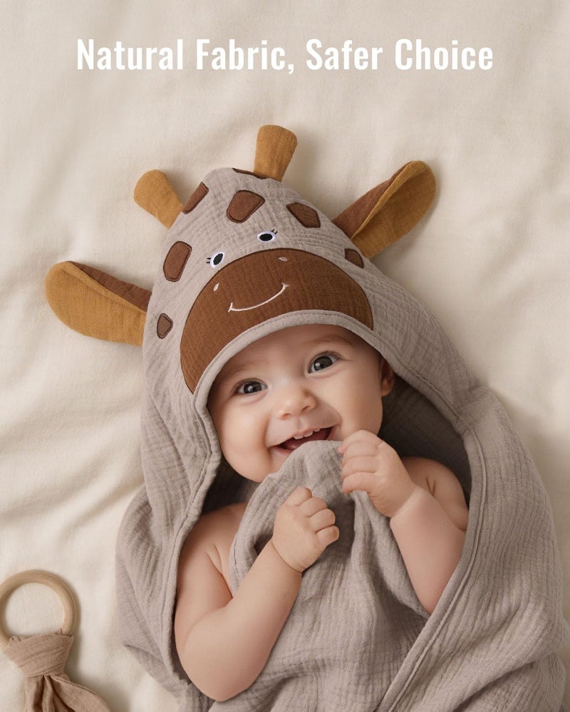 Blissful Diary Muslin Baby Hooded Towel, Soft and Absorbent Bath Towel for Newborn, Infant, Toddler, Unisex, 32â€³x32â€³ - Gentle Giraffe - Image 4