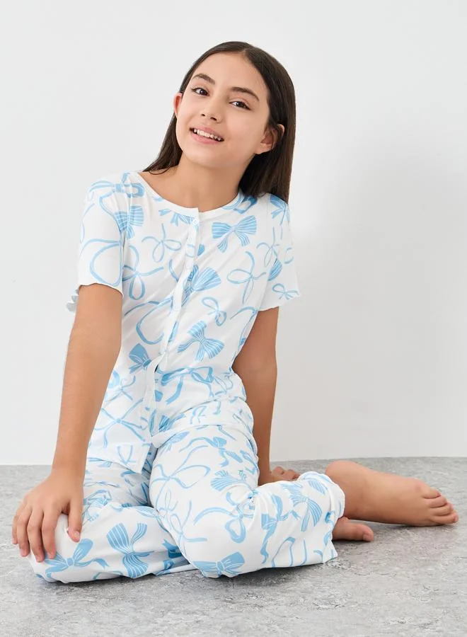 ستايلي Styli Ribbon Print Top and Pyjama Set