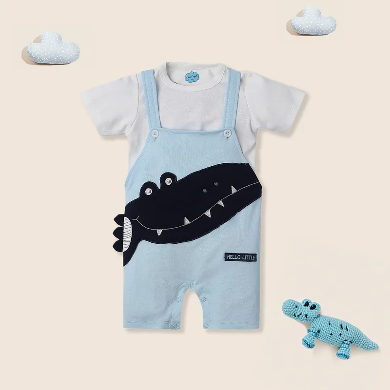 Nautinati Nautinati Infants Animal Embroidery Cotton Dungaree with T-shirt