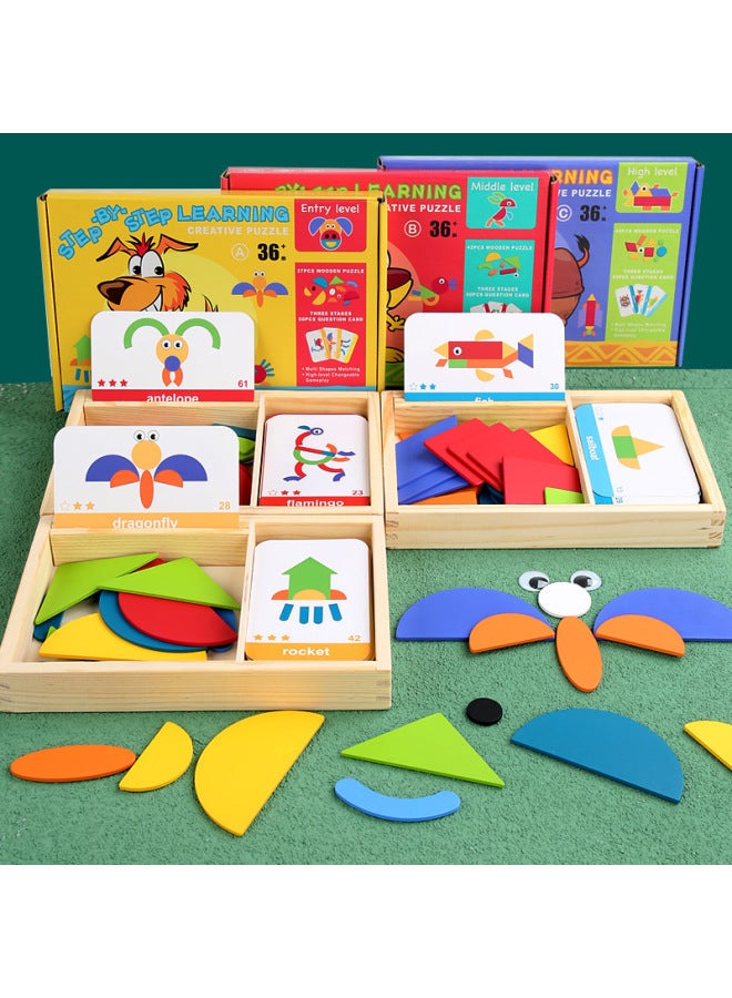 Creative Interesting Geometric Puzzle Early Childhood Education Cartoon Animal Traffic Shape Tangram Puzzle Wooden Toy-Color:Geometric Creative Puzzle B Red - Image 3