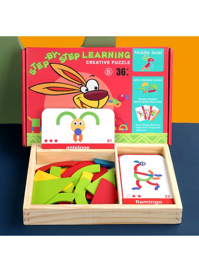 Creative Interesting Geometric Puzzle Early Childhood Education Cartoon Animal Traffic Shape Tangram Puzzle Wooden Toy-Color:Geometric Creative Puzzle B Red - Image 1