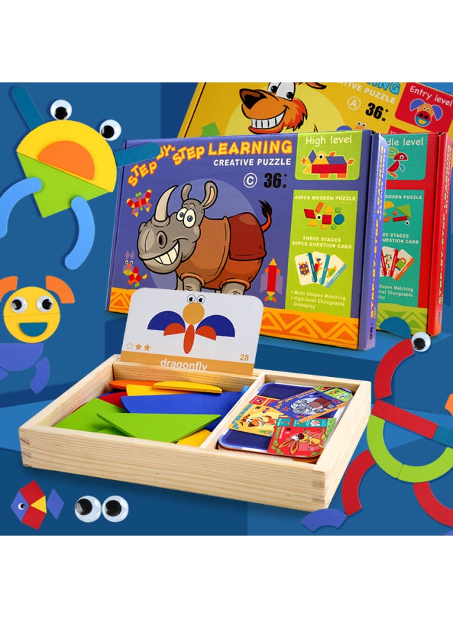 Creative Interesting Geometric Puzzle Early Childhood Education Cartoon Animal Traffic Shape Tangram Puzzle Wooden Toy-Color:Geometric Creative Puzzle B Red - Image 2