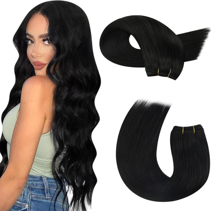 Moresoo Sew in Hair Extensions Black Silky Straight Remy Weft Hair Extensions Sew in Human Hair Jet Black Double Weft 1 100g 18 Inch