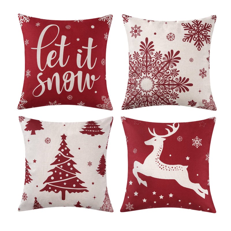 CAROMIO Christmas Decoration Pillow Covers 18 x18 Set of 4 Farmhouse Decor Throw Pillow Covers for Home Merry Christmas Tree Deer Hello Winter Holiday Decor Throw Cushion Case for Home Couch Red