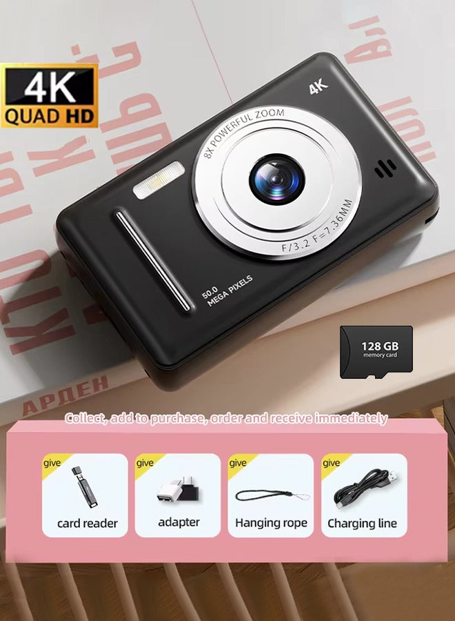 Generic 4k CCD student digital camera, 50MP HD 8X digital zoom, intelligent anti-shake portable photography camera, free 128GB SD card  - Image 1
