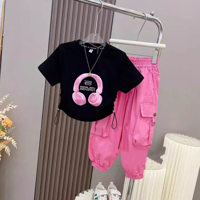 Girls Summer Set 2024 Earphone Tee Casual Pants Black suit [black T-shirt pink pants]]