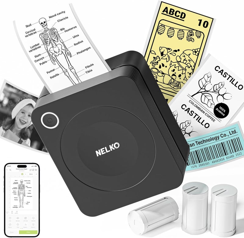 Nelko PM230 Mini Portable Thermal Printer with 3 Rolls of Paper, Thermal Printer Mini Photo Printer Inkless with Multiple Models for Phone and Tablet, Office, Home, Black - Image 1