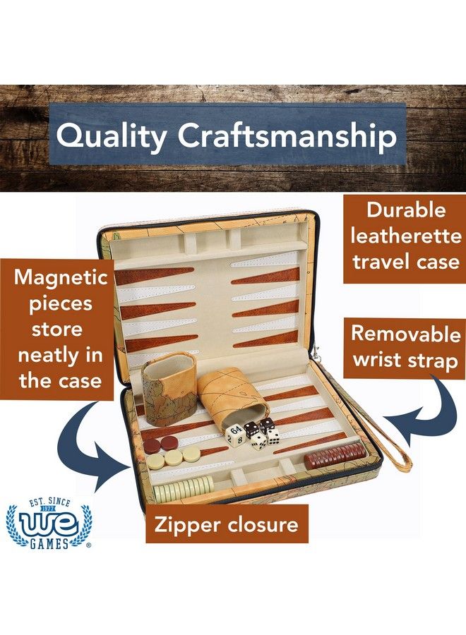 WE Games مجموعة طاولة الزهر ألعاب الطاولة للكبار ألعاب السفر المغناطيسية مع خريطة بنية اللون من الجلد الصناعي وحزام حمل مجموعة طاولة الزهر للسفر للكبار - Image 4
