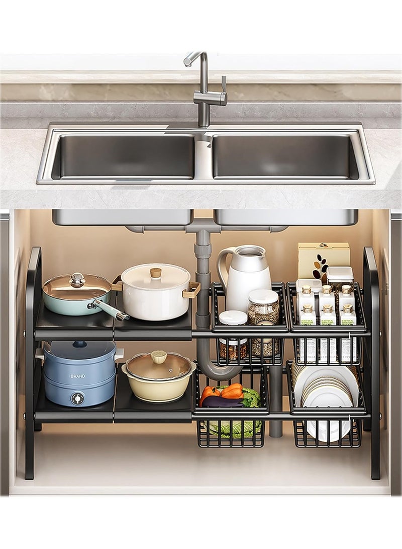 U-HOOME Under Sink Organizer,2 Tier Expandable Cabinet Shelf Organizer,Under Sink Storage Rack with 5 Removable Panels and 5 Baskets Under for Kitchen Bathroom,Countertop - Image 1