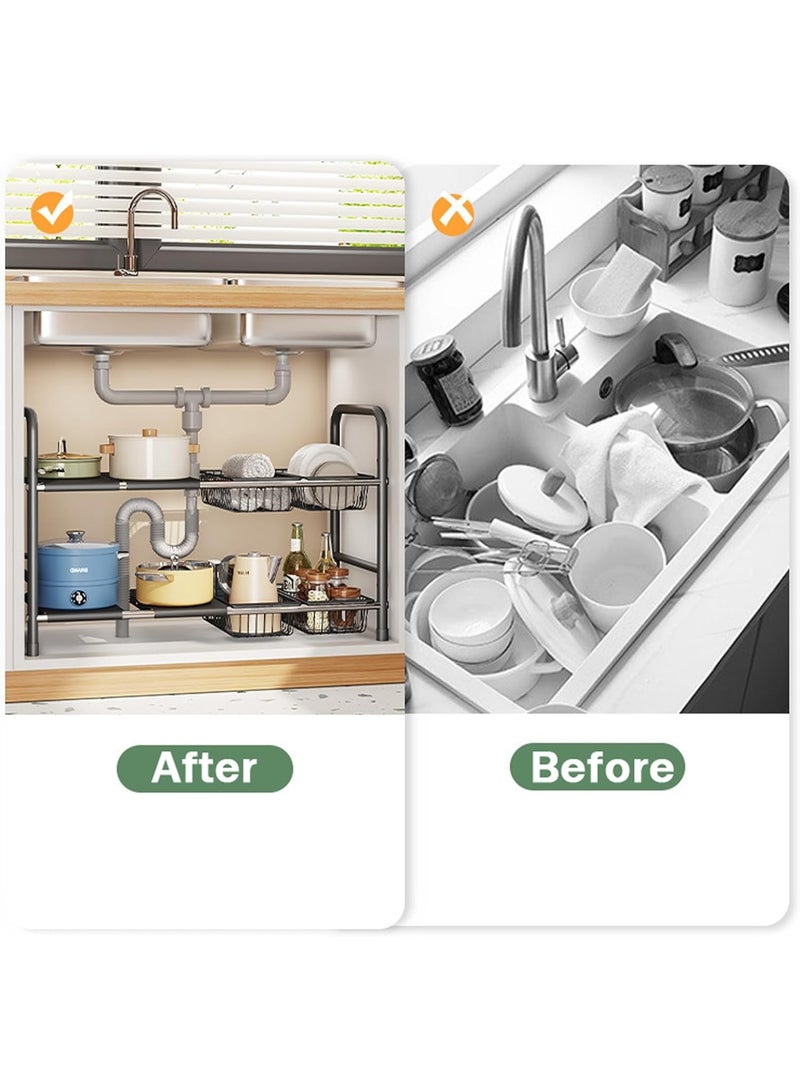 U-HOOME Under Sink Organizer,2 Tier Expandable Cabinet Shelf Organizer,Under Sink Storage Rack with 5 Removable Panels and 5 Baskets Under for Kitchen Bathroom,Countertop - Image 3