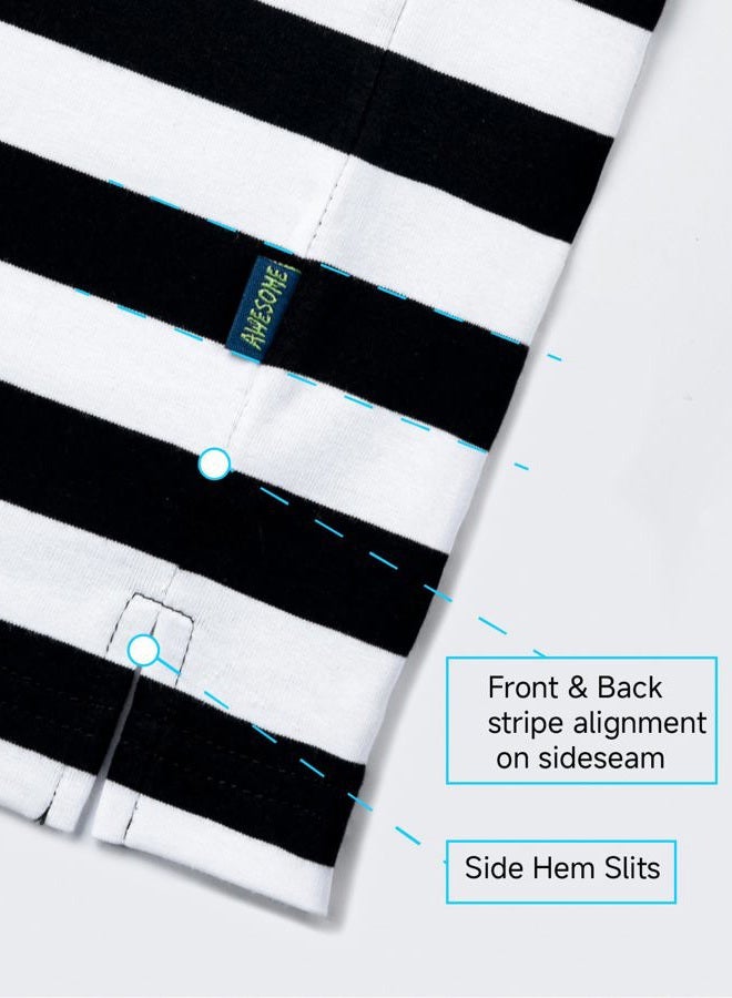 Zengjo تي شيرت رجالي كاجوال من القطن والسبانديكس مخطط بأكمام طويلة وقبة دائرية، أسود وأبيض، XL - Image 4