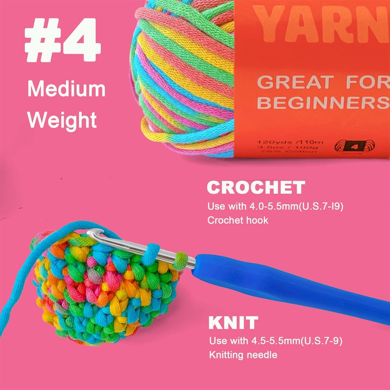 FREEASYFAR 3.5Oz/120yds Rainbow Yarn for Crocheting and Knitting;Worsted-Weight Medium #4;Cotton Blend Yarn for Beginners with Easy-to-See Sitches,Great for Amigurumi DIY(Rainbow,1 Skein) - Image 2