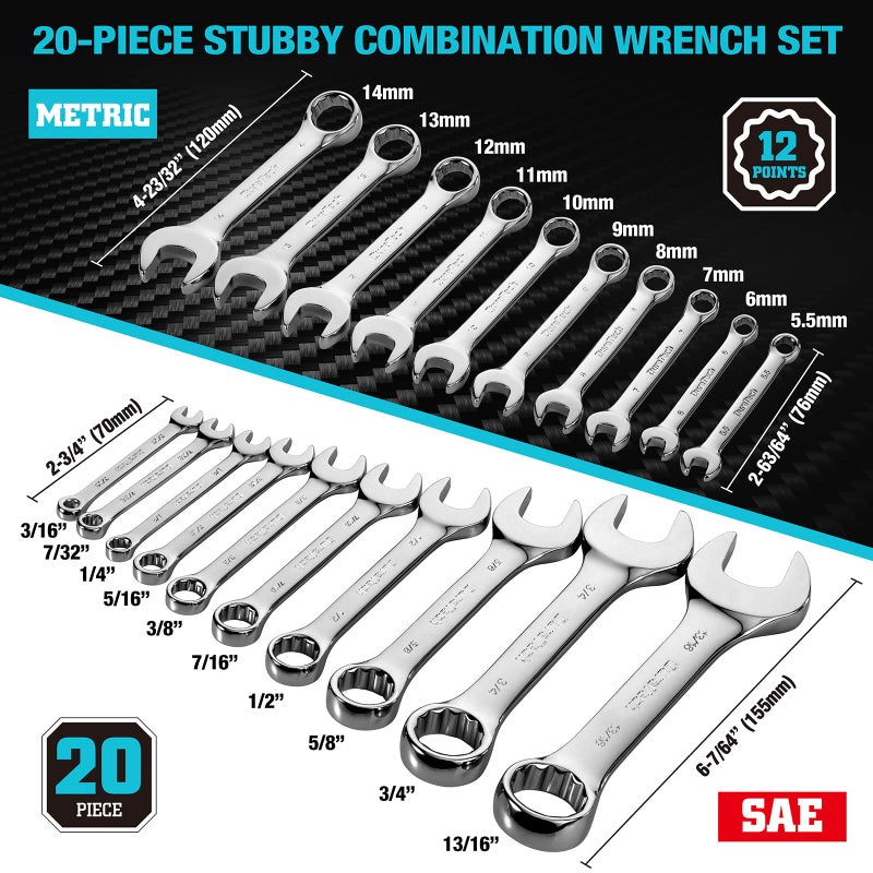 DURATECH 52-Piece Combination Wrench Set, 32 PCS Combo & 20 PCS Stubby, SAE & Metric, CR-V Steel, with Rolling Pouch - Image 5