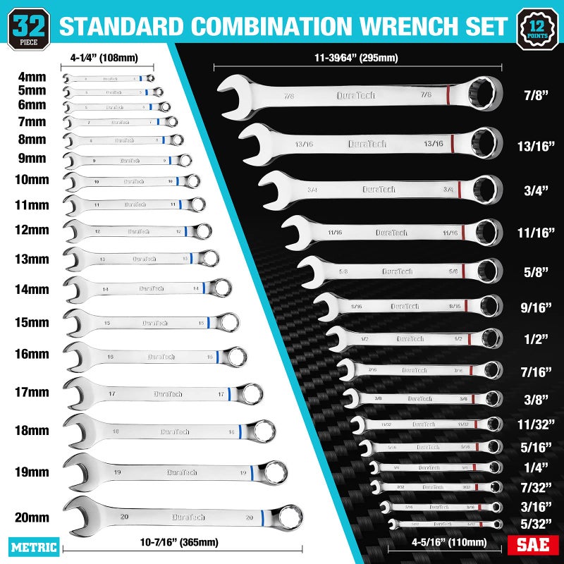 DURATECH 52-Piece Combination Wrench Set, 32 PCS Combo & 20 PCS Stubby, SAE & Metric, CR-V Steel, with Rolling Pouch - Image 4