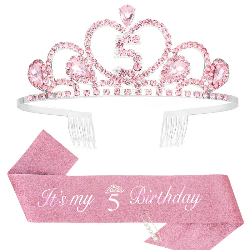 CIEHER 5th Birthday Crown + Sash + Pearl Pin Set, It's My 5th Birthday Decorations Girl 5th Birthday Gifts for Girls - Pink - Image 1