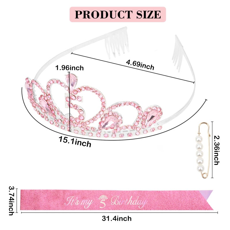 CIEHER 5th Birthday Crown + Sash + Pearl Pin Set, It's My 5th Birthday Decorations Girl 5th Birthday Gifts for Girls - Pink - Image 4