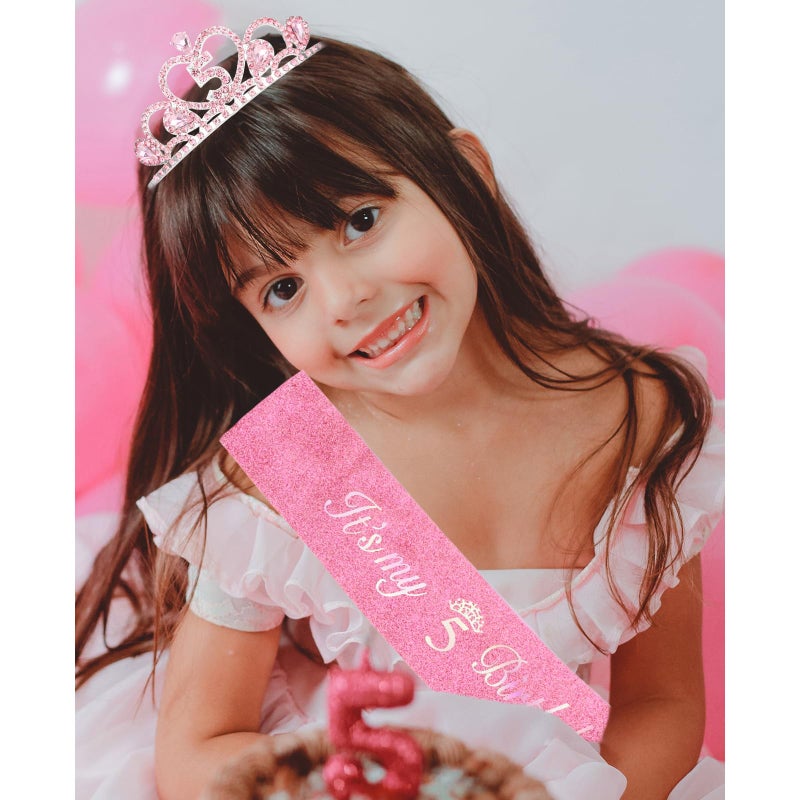 CIEHER 5th Birthday Crown + Sash + Pearl Pin Set, It's My 5th Birthday Decorations Girl 5th Birthday Gifts for Girls - Pink - Image 2