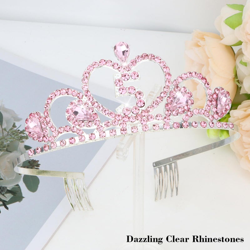 CIEHER 5th Birthday Crown + Sash + Pearl Pin Set, It's My 5th Birthday Decorations Girl 5th Birthday Gifts for Girls - Pink - Image 3