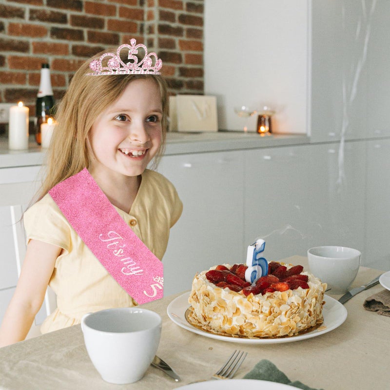 CIEHER 5th Birthday Crown + Sash + Pearl Pin Set, It's My 5th Birthday Decorations Girl 5th Birthday Gifts for Girls - Pink - Image 5