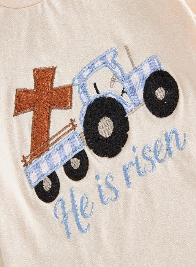 Yuemengxuan Toddler Baby Boy Easter Outfit Cross Truck Embroidery Short Sleeve T-Shirt + Plaid Shorts Set Summer Clothes (Apricot, 2-3T) - Image 5