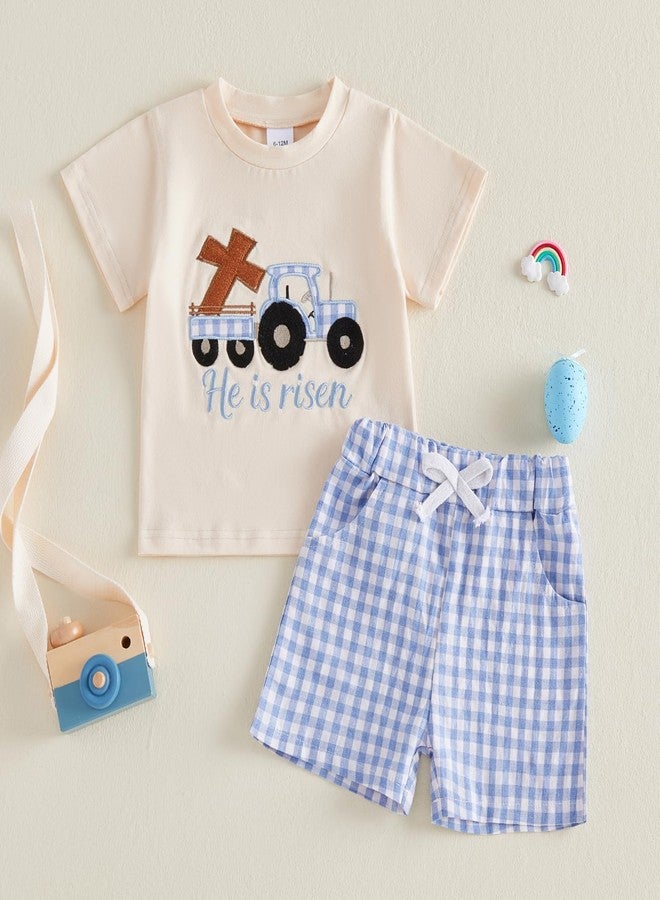 Yuemengxuan Toddler Baby Boy Easter Outfit Cross Truck Embroidery Short Sleeve T-Shirt + Plaid Shorts Set Summer Clothes (Apricot, 2-3T) - Image 4