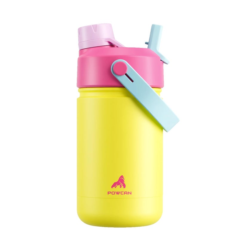 powcan 12 oz Kids Insulated Water Bottle for School: 2-in-1 Straw Spout Lid, Leakproof, BPA-Free, Keep Cold 24H, Reusable Stainless Steel Cup for Travel, Camping, Birthday Gift for Boys Girls (Lemon Pop) - Image 1