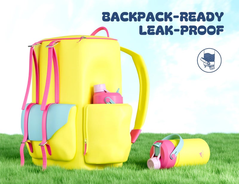 powcan 12 oz Kids Insulated Water Bottle for School: 2-in-1 Straw Spout Lid, Leakproof, BPA-Free, Keep Cold 24H, Reusable Stainless Steel Cup for Travel, Camping, Birthday Gift for Boys Girls (Lemon Pop) - Image 5