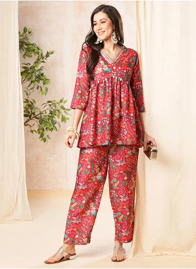 globus Globus Women Red Printed Alia-Cut A-Line Peplum Tunic & Straight Pant Co-Ord Set by Styli