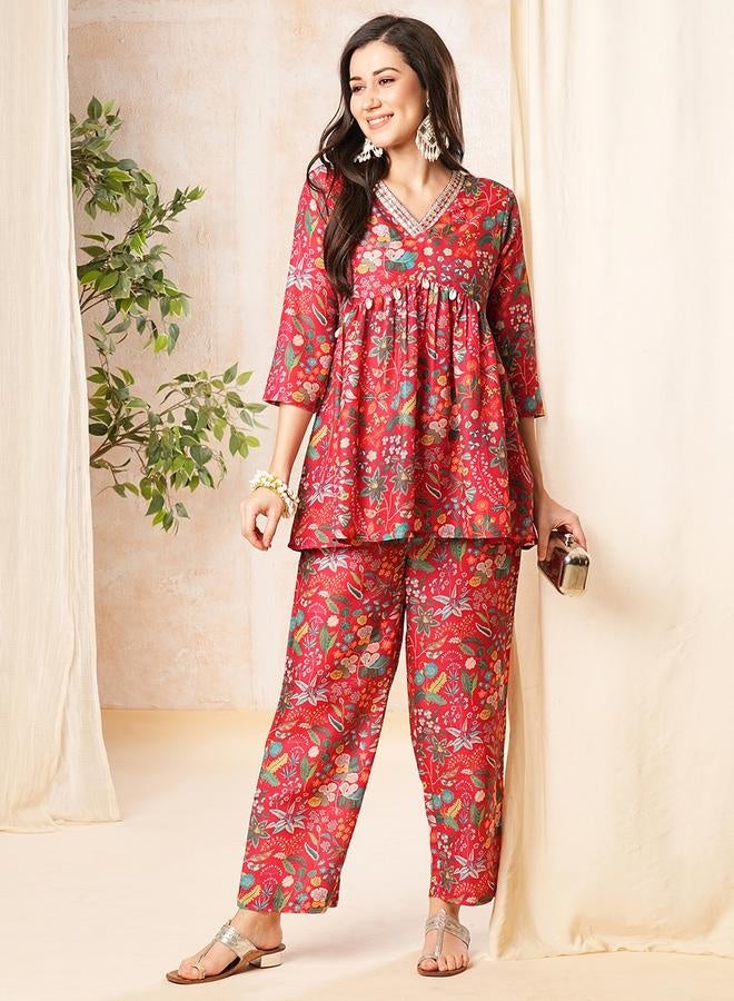 globus Globus Women Red Printed Alia-Cut A-Line Peplum Tunic & Straight Pant Co-Ord Set by Styli - Image 1