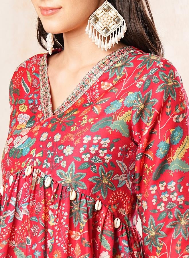 globus Globus Women Red Printed Alia-Cut A-Line Peplum Tunic & Straight Pant Co-Ord Set by Styli - Image 4