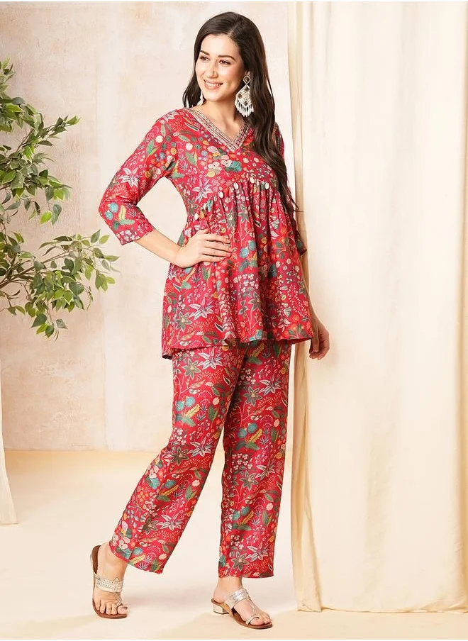 globus Globus Women Red Printed Alia-Cut A-Line Peplum Tunic & Straight Pant Co-Ord Set by Styli