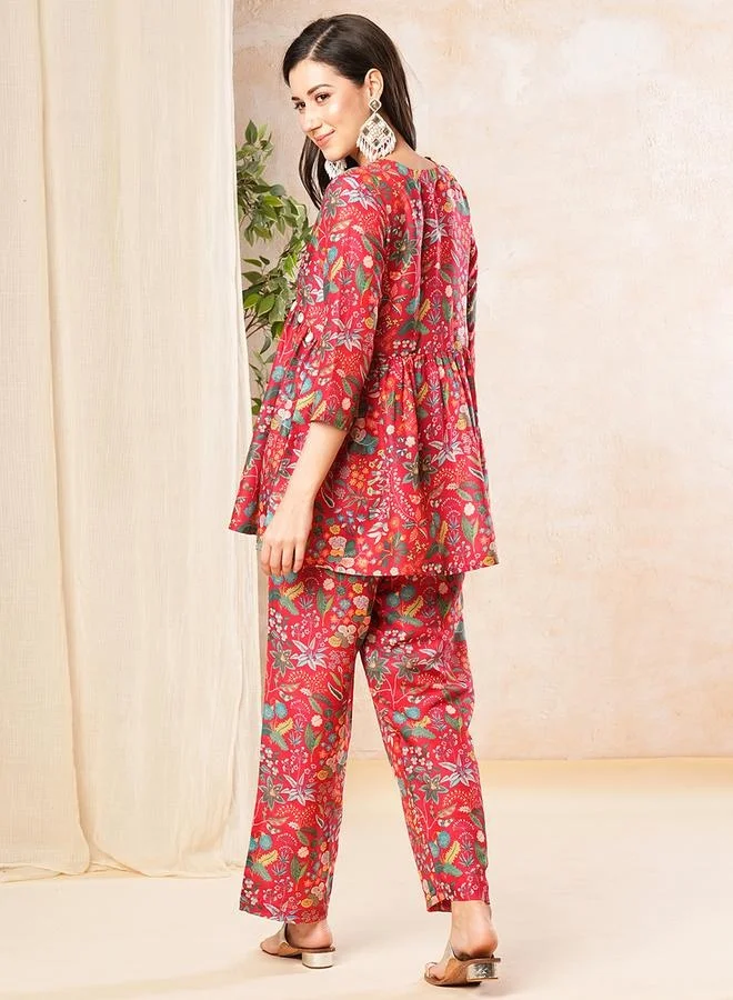 globus Women Red Printed Alia-Cut A-Line Peplum Tunic & Straight Pant Co-Ord Set by Styli
