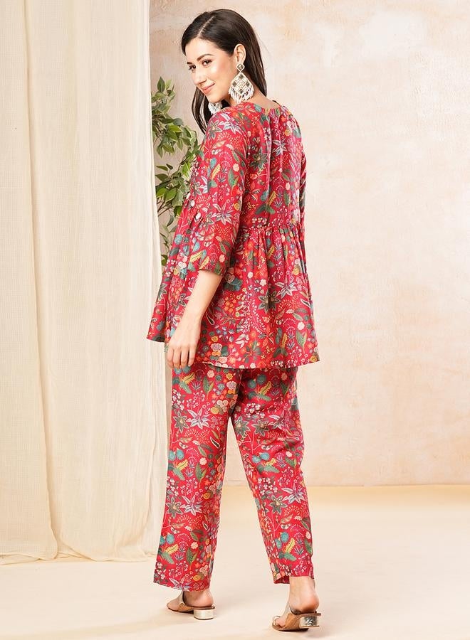 globus Globus Women Red Printed Alia-Cut A-Line Peplum Tunic & Straight Pant Co-Ord Set by Styli - Image 3