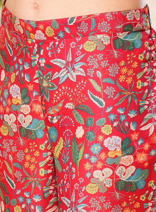 globus Globus Women Red Printed Alia-Cut A-Line Peplum Tunic & Straight Pant Co-Ord Set by Styli - Image 5