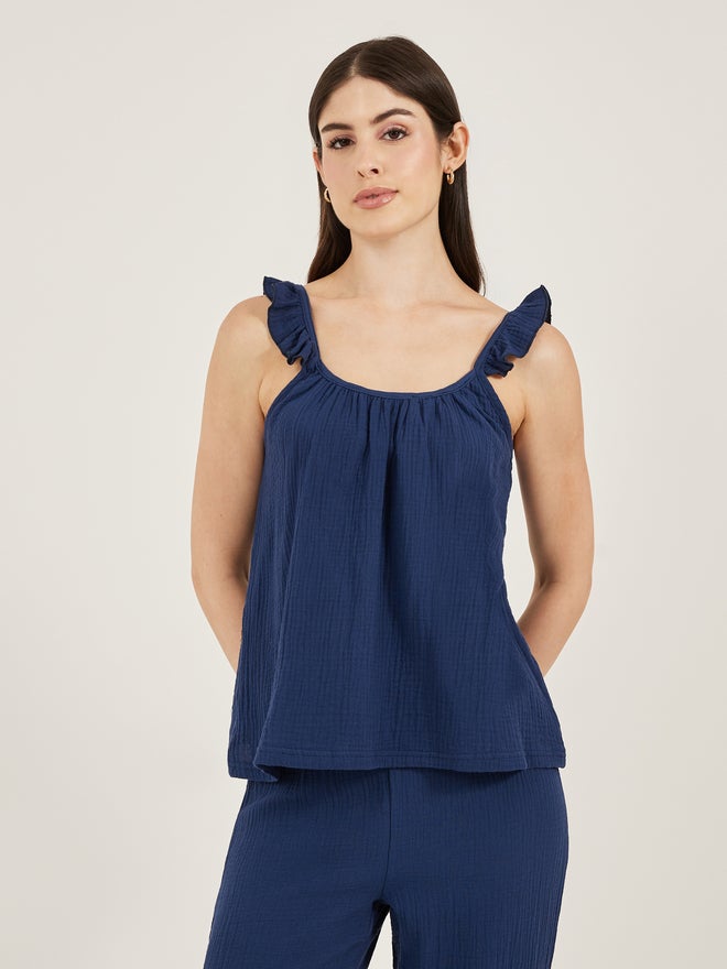 Styli Styli Unwind Cotton Gauze Ruffle Cami and Pyjama Set  - Image 3
