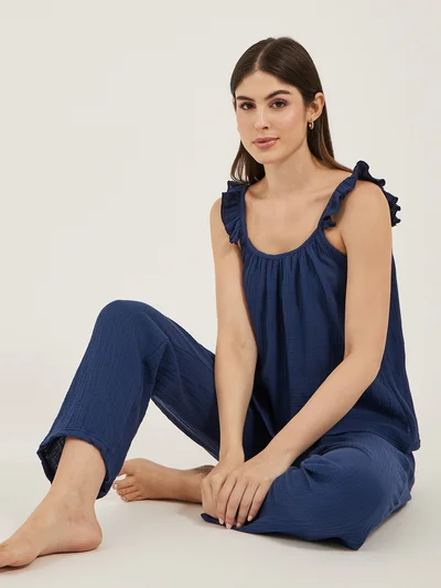Styli Unwind Cotton Gauze Ruffle Cami and Pyjama Set