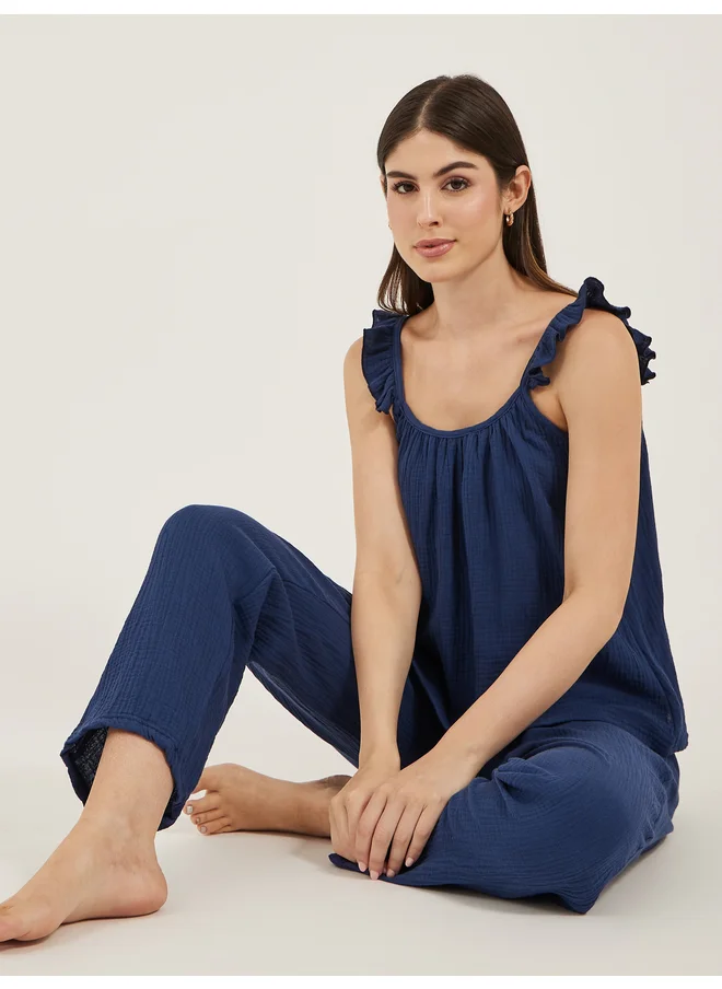 Styli Styli Unwind Cotton Gauze Ruffle Cami and Pyjama Set