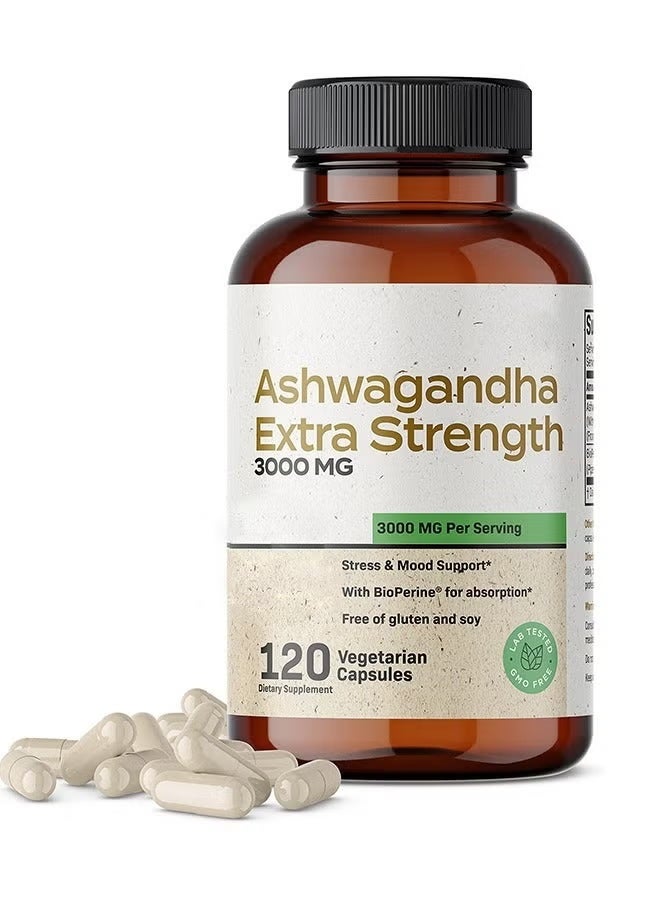 Extra Ashwagandha Capsules Extra Strength 3000mg - Stress Relief Formula, Natural Mood Support, Stress, Focus, and Energy Support Supplement, 120 Capsules - Image 1