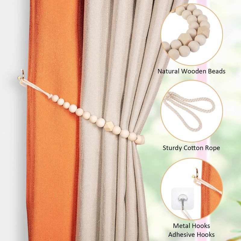 KLOGTSIND Wood Bead Curtain Tiebacks, KLOGTSIND Set of 2 Curtain Holdbacks for Thin or Thick Window Draperies, Boho Farmhouse Curtain Tiebacks with Hooks, Curtain Tie Backs for Home Office Room Decor - Image 4