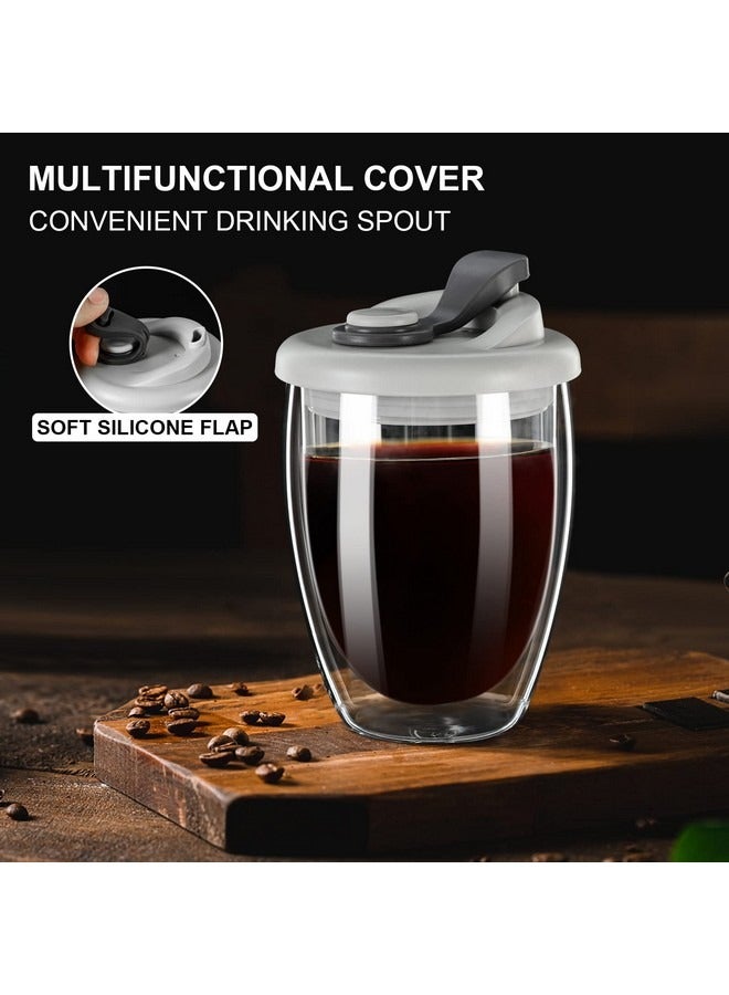 Beauenty Double Wall Glass Coffee Mug, Glass Coffee Cup with Silicone Lid 12 OZ, Insulated Coffee Mug for Milk, High Borosilicate Glass Double Walled Cup for Travel & Home,Grey - Image 3