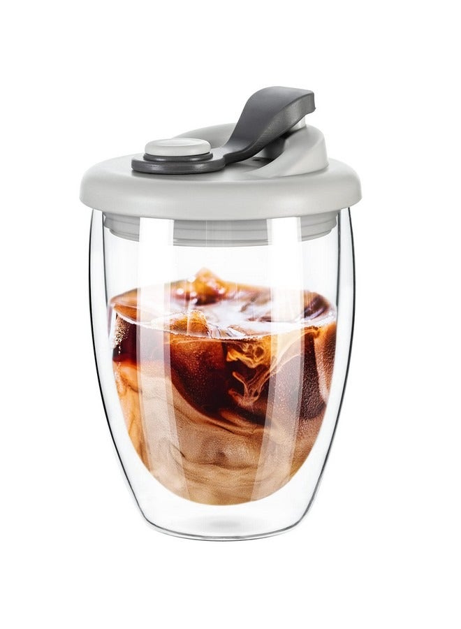 Beauenty Double Wall Glass Coffee Mug, Glass Coffee Cup with Silicone Lid 12 OZ, Insulated Coffee Mug for Milk, High Borosilicate Glass Double Walled Cup for Travel & Home,Grey - Image 1