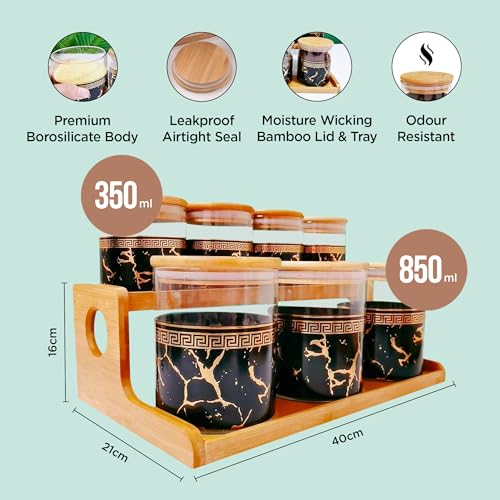 UMAI Pack of 7 Kitchen Organizer Borosilicate Jars with Bamboo Lid & Tray | 4 Pcs 350 ml & 3 Pcs 850 ml | Glass Jars for Cookies, Spices, Snacks, Tea, Coffee, Sugar | BPA Free | Green - Image 3